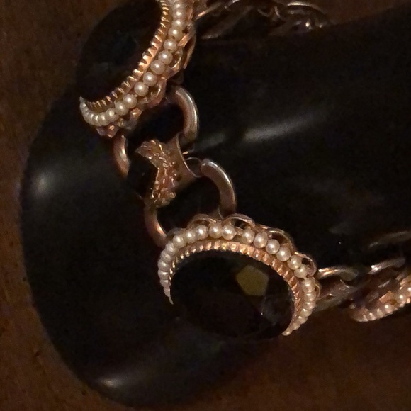 Vintage Jet Black Art Glass Rhinestone and Faux Pearl Bracelet - Picture 2 of 13